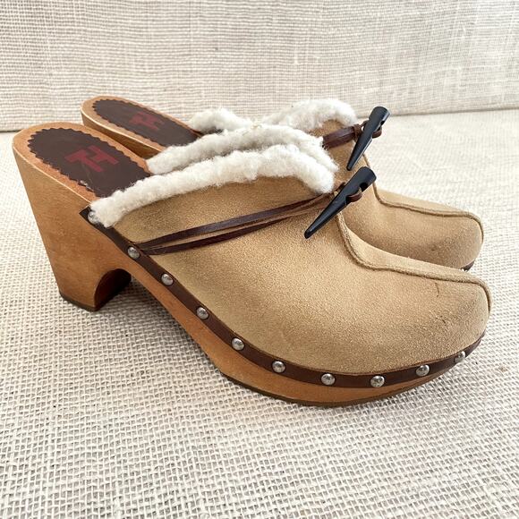 Tommy Hilfiger Wooden Platform Clogs, Suede Leather, Shearling, Ladies 9.5 M - Picture 1 of 10